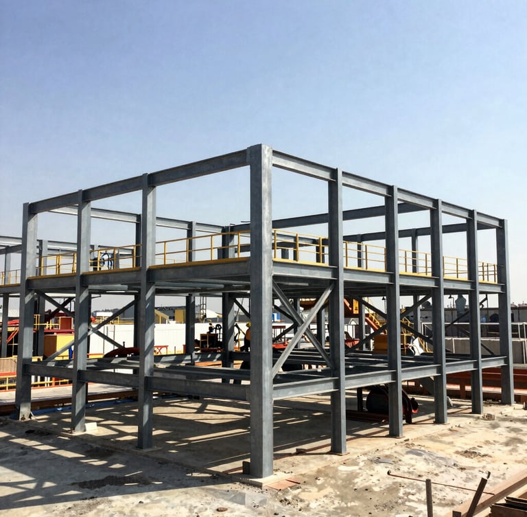 Wide-angle structural environmental shot of an active industrial worksite with heavy steel framing, hard direct sunlight, high contrast metallic tones, sharp focus, 35mm