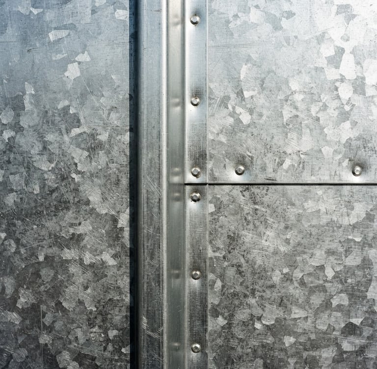 Close-up of clean metal seams on a galvanized steel sheet, sharp focus, hard direct sunlight, industrial documentary style