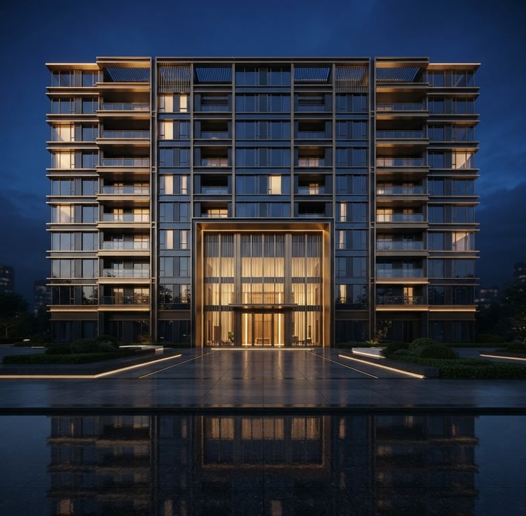 Rendu architectural 3D d'une façade de bâtiment moderne et luxueux, avec des lignes épurées et des reflets dorés, sous un éclairage dramatique de fin de journée, vue large et symétrique, ciel profond.