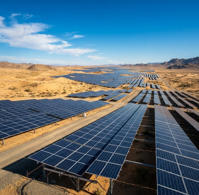 Wide-angle architectural view of a massive solar array in the desert, sharp natural sunlight, sand-gold tones, 35mm