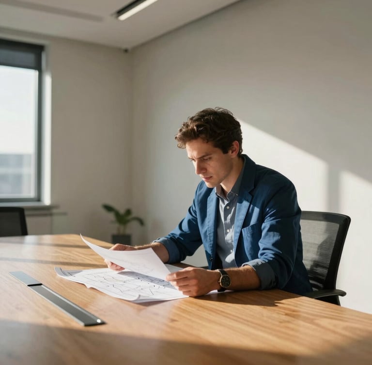 Candid, unposed portrait of a focused leader reviewing blueprints and maps in a warm, sunlit modern boardroom, high-contrast natural light, 35mm editorial.
