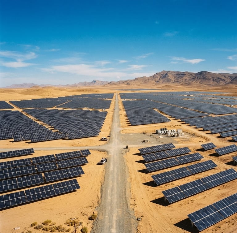 Wide environmental shot of a massive solar array in the Mediterranean desert, sharp natural sunlight, deep blue sky, warm sand-gold tones, 35mm editorial photography.