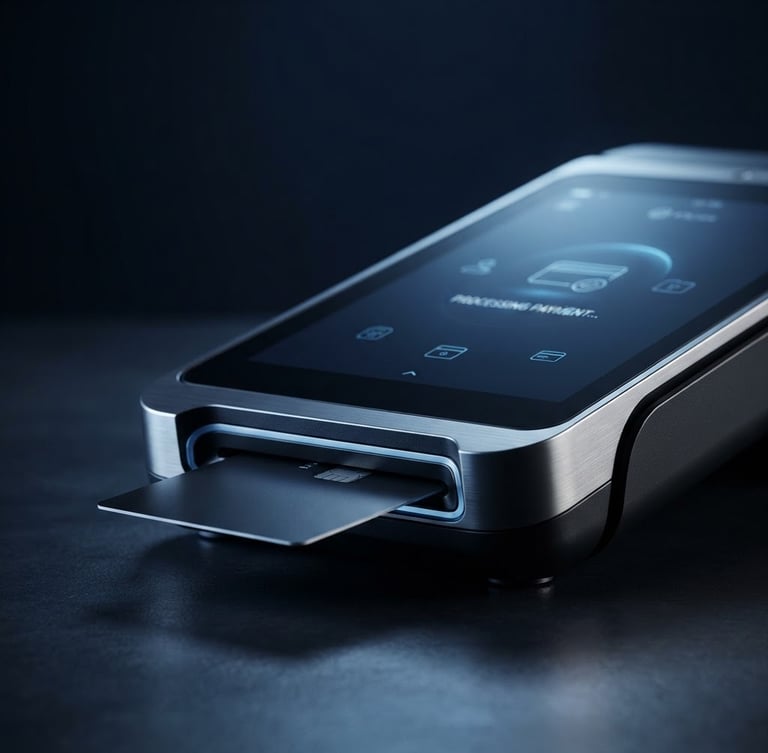 High-end POS terminal with a secure chip card insert, sleek design, cool blue studio lighting, sharp focus, dark background, professional, clean