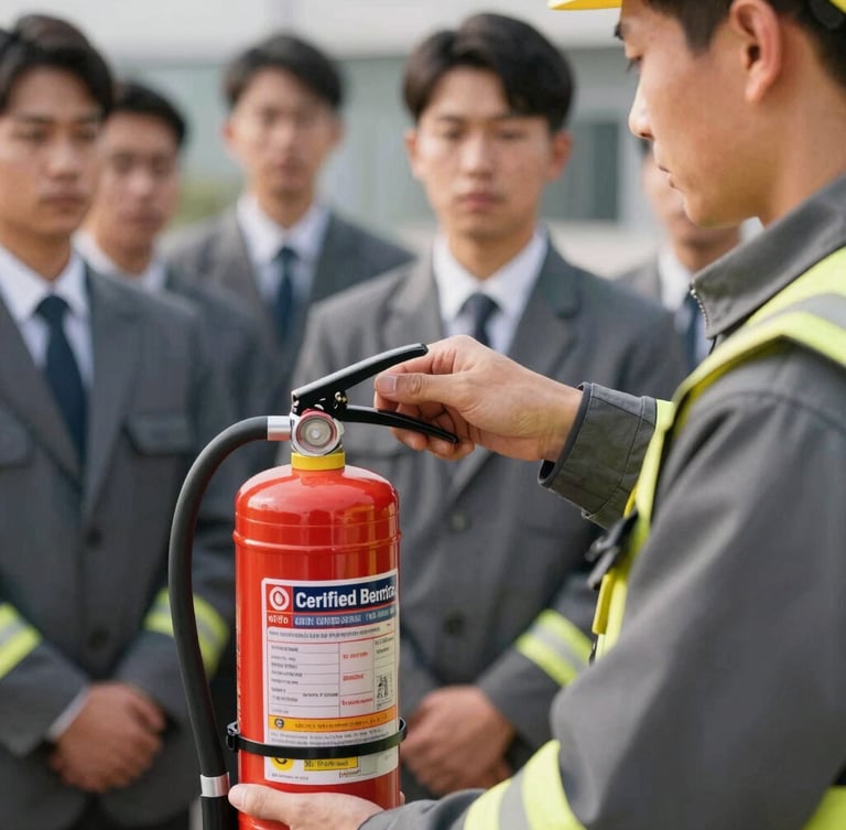 Close-up of a certified safety instructor demonstrating fire extinguisher usage to a focused corporate group, natural daylight, orange and slate grey tones, professional editorial photography
