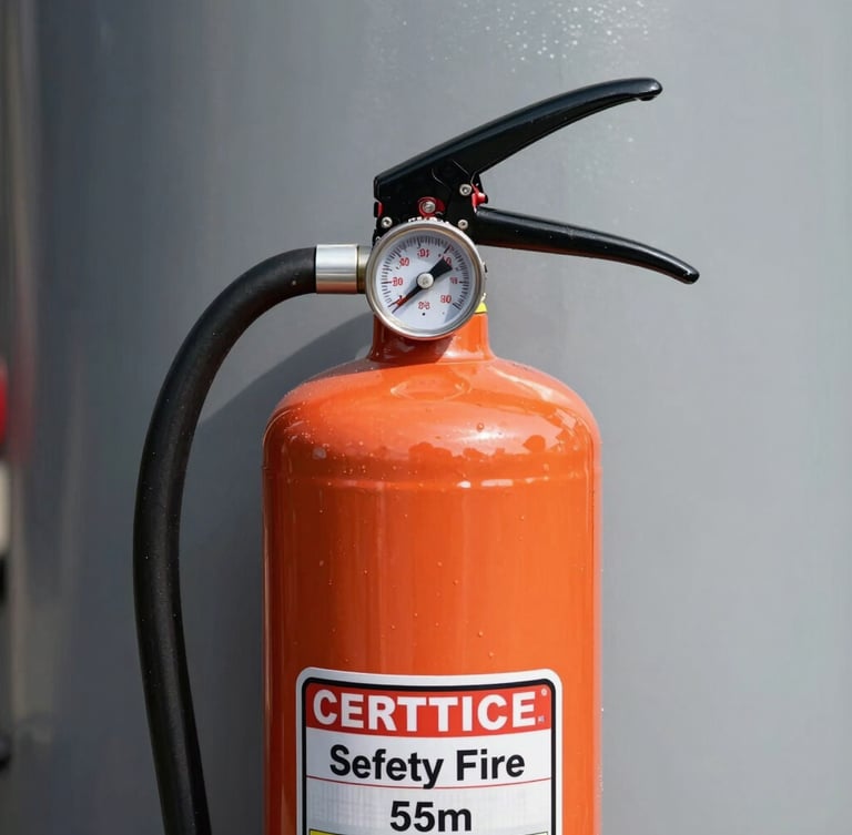 Close-up of certified fire safety equipment, pressure gauge on a safety orange extinguisher, clean industrial background, professional editorial photography, crisp natural daylight, high-contrast orange and slate grey tones, sharp focus, 35mm lens