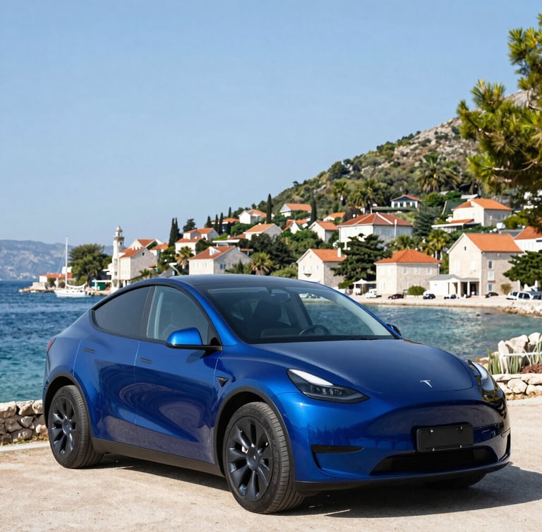 Elegant black luxury car parked in a sleek urban setting at dusk.