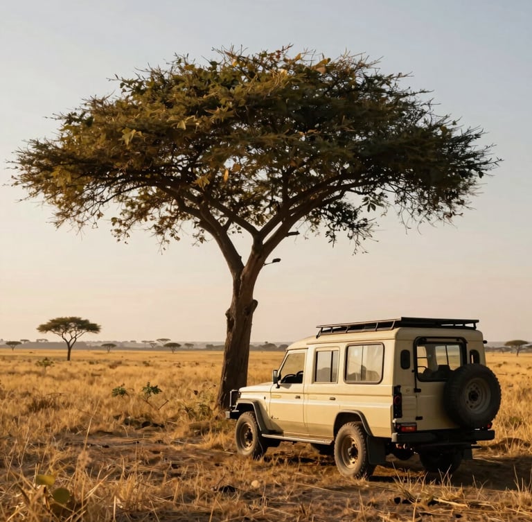 Low-angle morning sun illuminating a private safari vehicle parked near an ancient acacia tree, vast golden savannah stretching to the horizon, warm editorial photography style.