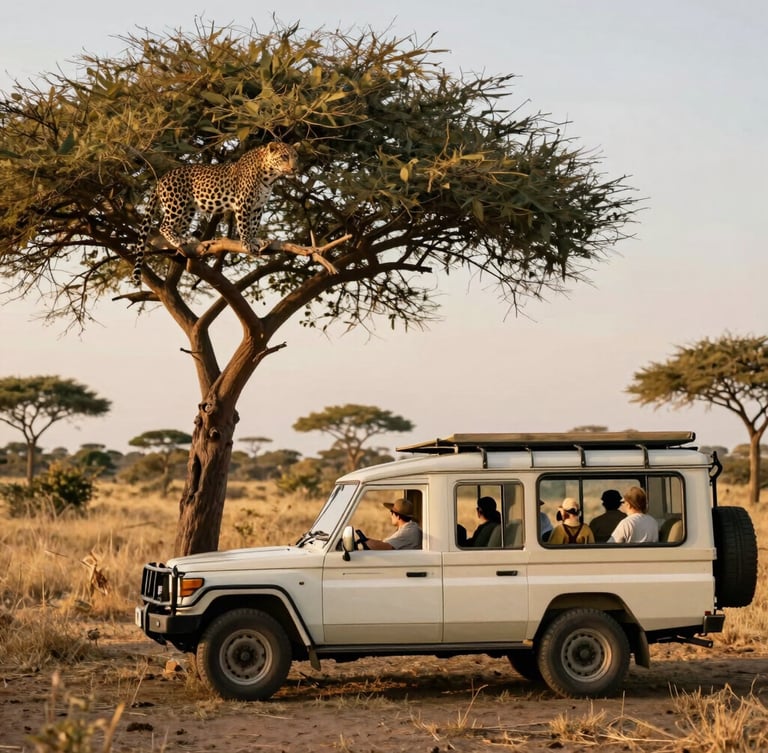 A private open-sided safari vehicle parked quietly near a solitary acacia tree, guests observing a leopard on a branch, warm golden-hour light, soft focus background, 35mm film aesthetic