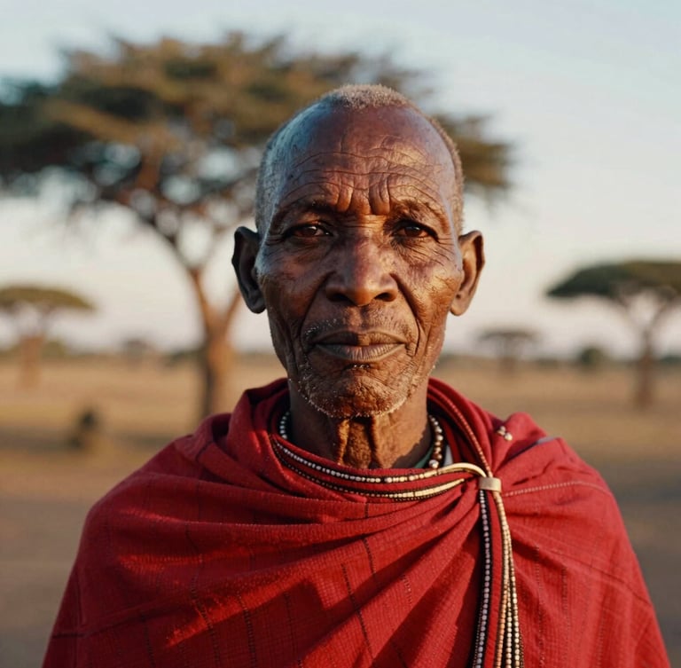 Intimate close-up portrait of an elder Maasai guide in traditional red shukah, warm golden-hour light illuminating his weathered face, soft-focus acacia trees in the background, 35mm film aesthetic.