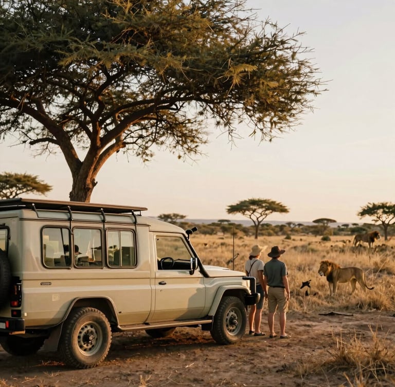 A wide-angle, warm golden-hour shot of an open-sided private luxury safari vehicle parked near a solitary acacia tree, a couple watching a distant lion pride, shallow depth of field, 35mm film aesthetic.