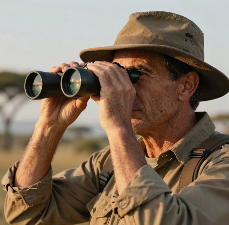 A close-up of an experienced Kenyan safari guide in a canvas hat, looking through binoculars during early morning light, warm tones, soft background