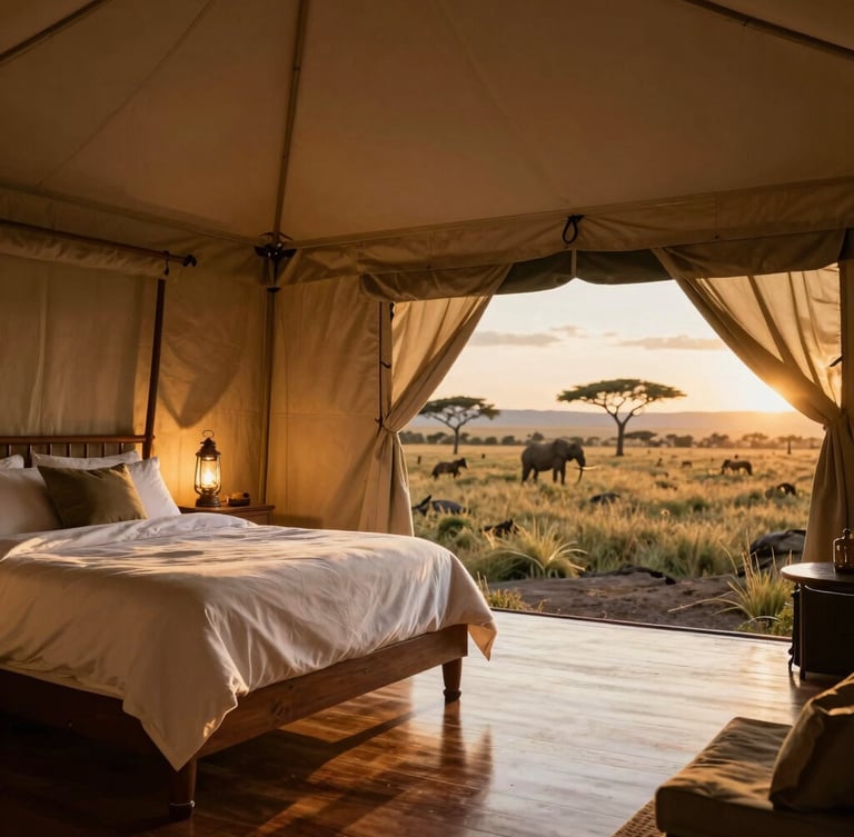 An elegant luxury safari tent interior at golden hour, fine linens on a canopy bed, warm lantern light reflecting on polished wood floors, open canvas looking out to the Maasai Mara.