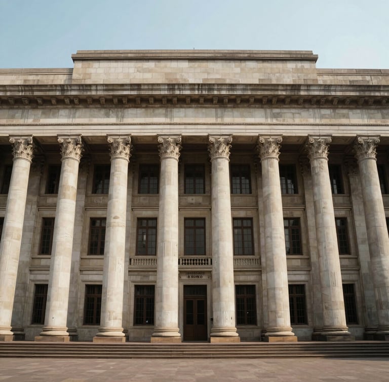 Wide environmental shot of classical New Delhi judicial building, emphasizing symmetry, scale, and clean geometric lines of stone columns.