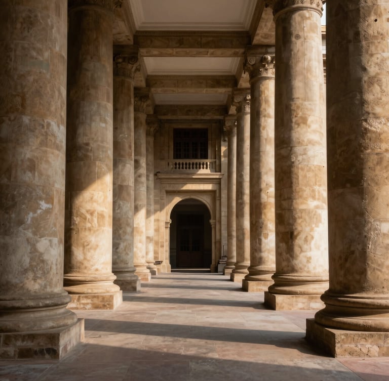 Symmetrical environmental shot of classical New Delhi institutional architecture, sharp geometric shadows on sandstone columns, soft daylight, unposed, architectural scale.