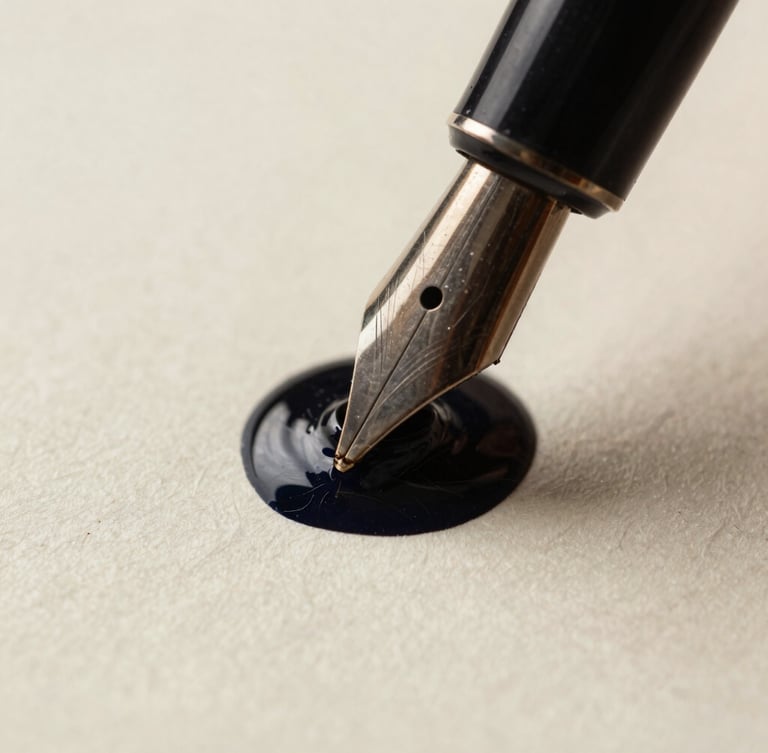 Macro close-up of dark fountain pen ink settling on textured, heavy cream paper stock, showing fine fibers and rich contrast.