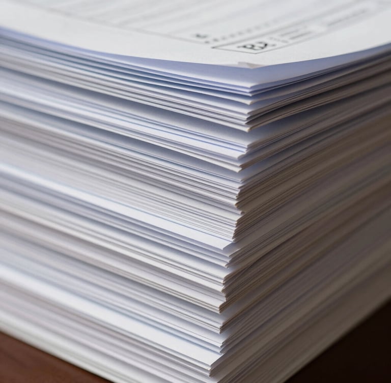 Macro photograph of stacked corporate documents and heavy paper ledgers, focusing on crisp edges and tactile textures in soft daylight.