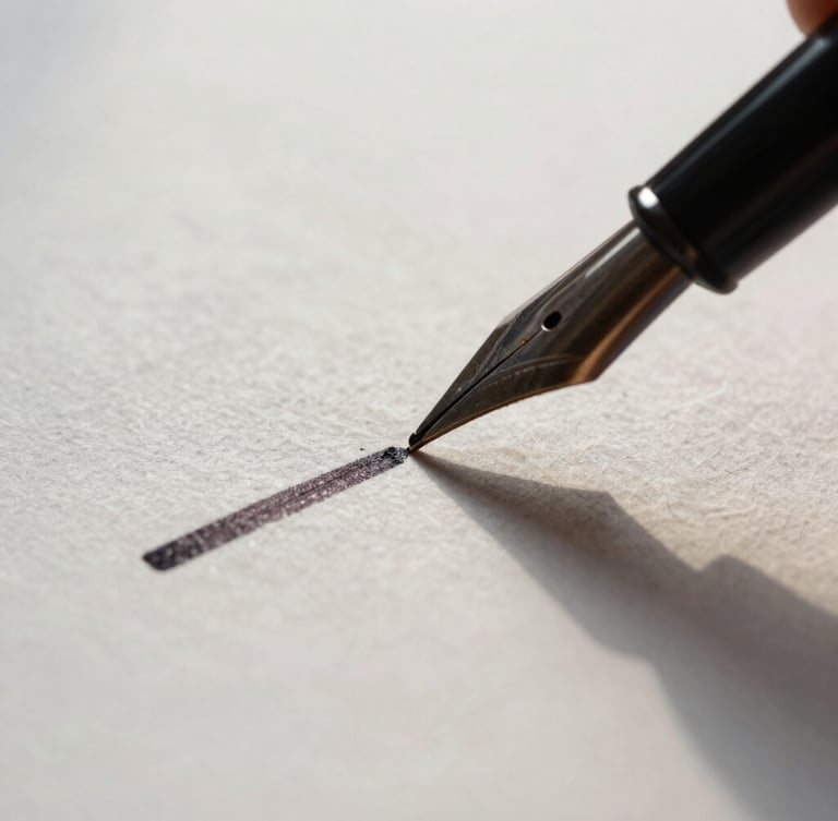 Extreme close-up macro shot of heavy cotton paper stock with dark fountain pen ink strokes, soft north-facing daylight, casting long geometric shadows.