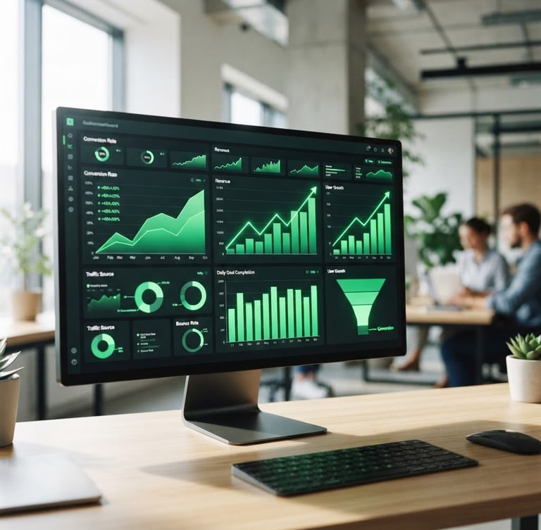 Crisp editorial photography of a high-contrast modern screen displaying a real analytics dashboard with rising green conversion charts, bright natural workspace light, 35mm lens