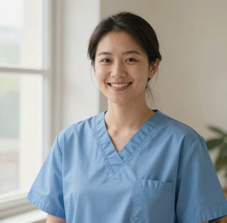 Medium shot of a professional caregiver in clean blue scrubs smiling warmly, soft natural window light, shallow depth of field, 35mm