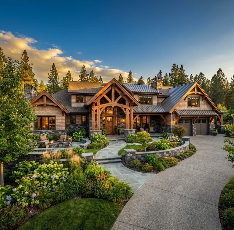 Wide-angle premium architectural photography of a completed custom home exterior in Spokane Valley, warm golden-hour light highlighting heavy timber framing, clean masonry, and a manicured landscape, high-contrast editorial style.