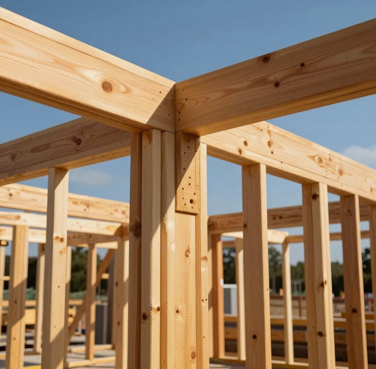 Medium architectural detail shot of heavy timber framing on an active, clean construction site under bright, natural daylight, focusing on rich natural wood textures and precise joinery.