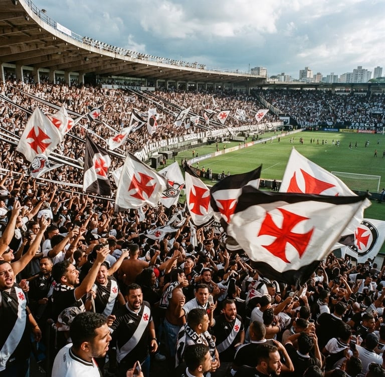 Dynamic wide-angle shot of São Januário stadium packed with passionate fans waving giant flags under dramatic afternoon daylight, Maltese cross visible, 35mm sports photography