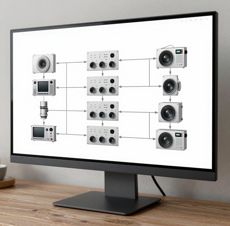 A high-fidelity system architecture diagram displayed on a clean, modern ultra-wide monitor, neutral daylight, orthogonal framing, sharp technical lines.