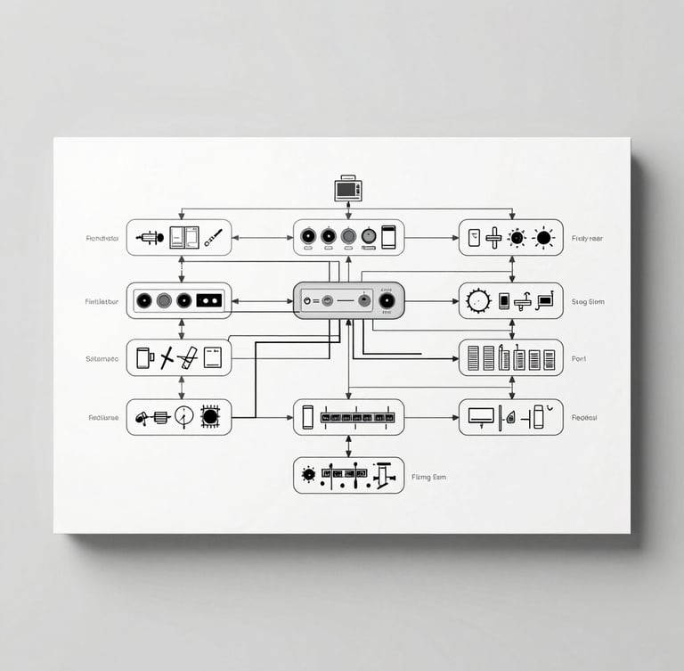 Flat-lay of a high-fidelity technical system architecture diagram, clean light gray orthogonal lines, bright studio lighting, generous negative space.