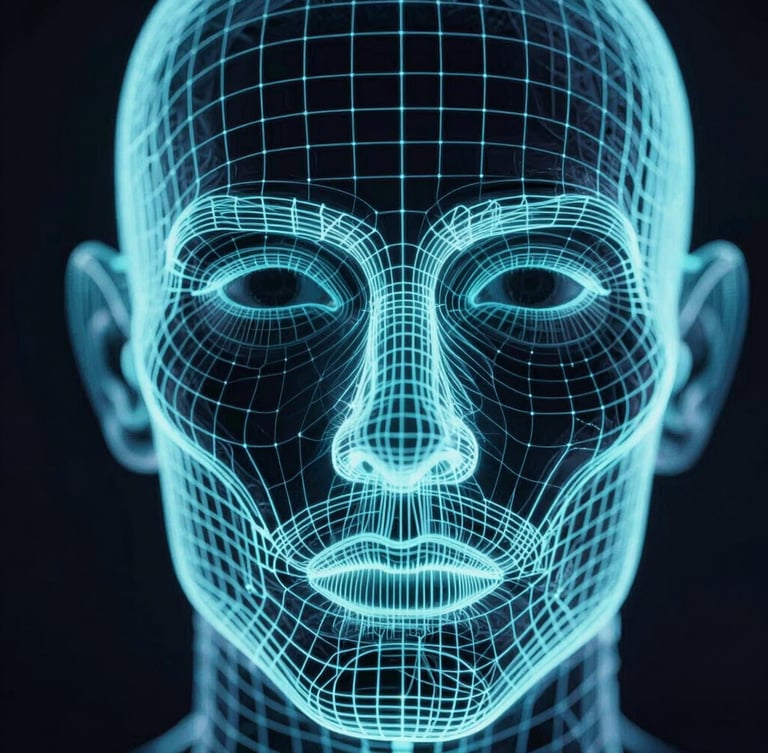 Macro screen detail showing facial recognition wireframe with neon cyan scanning lines, dark technical photography, high contrast, 35mm