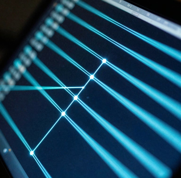 Macro shot of a high-contrast computer terminal displaying glowing cyan data streams and connection lines, dark technical photography, neon blue accent lighting, sharp focus, 35mm