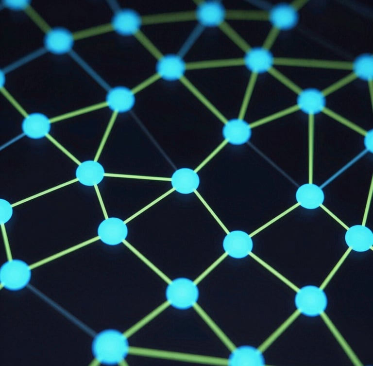 Abstract network nodes and facial landmarks visualization on a dark background, neon green accent lines, sharp focus, macro detail