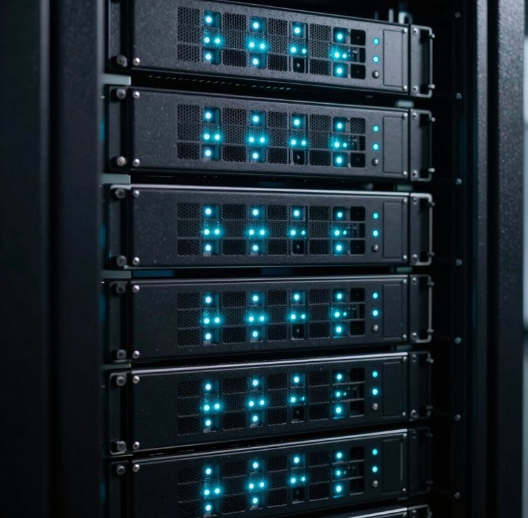 Close-up of server racks with blinking cyan LED lights in a dark data center, high contrast, technical photography, sharp focus, 35mm