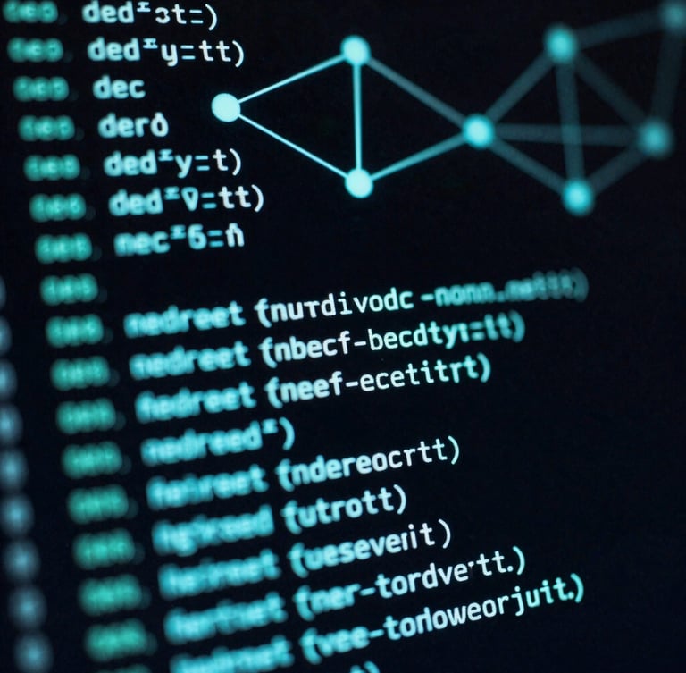 Macro shot of a dark terminal screen with glowing cyan code lines, network nodes in the background, high contrast, 35mm