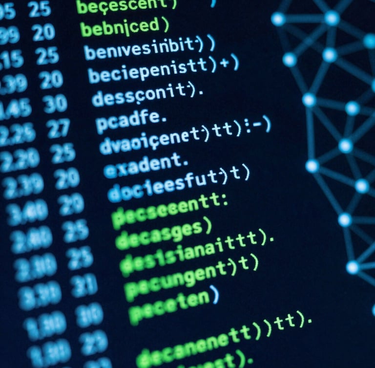 Macro shot of a high-contrast terminal screen displaying data verification code, glowing cyan and green syntax highlighting, technical network node graph in the background, dark technical photography, 35mm