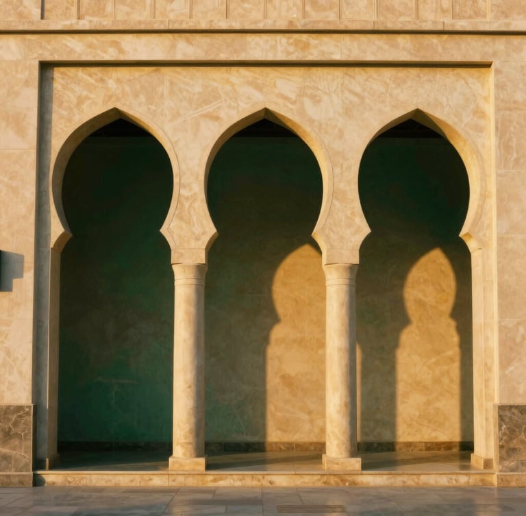 Symmetrical warm golden hour architectural arches of Madinah, soft shadows, deep emerald and sand tones, 35mm editorial photography.