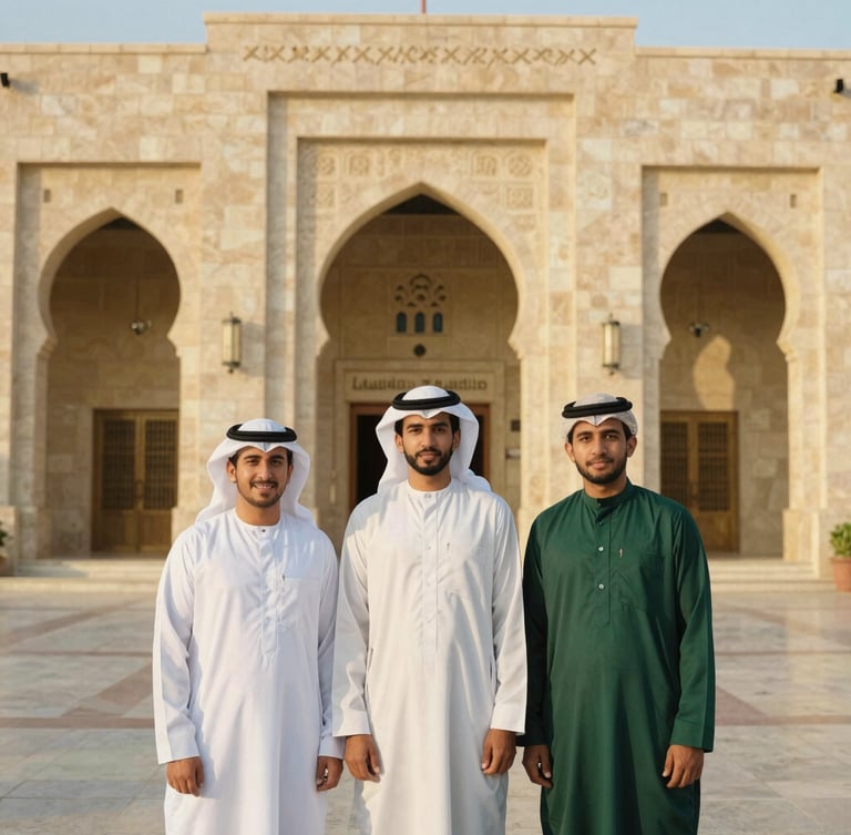 Three young Saudi business partners in traditional attire standing in front of a modern stone building in Madinah, warm golden hour light, architectural symmetry, 35mm photography