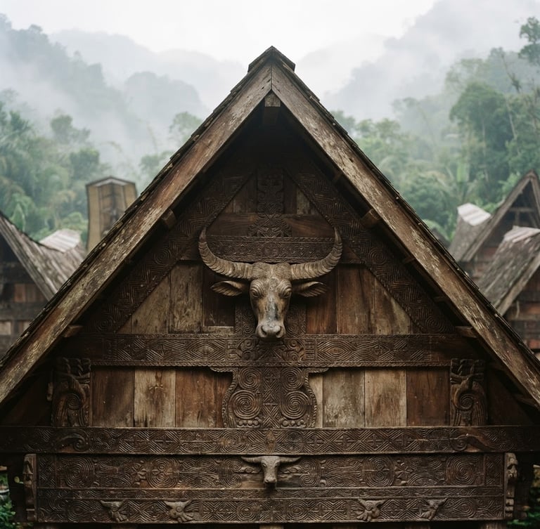 Intimate close-up of a traditional Tongkonan carved wooden facade under soft, misty morning mountain fog, warm editorial travel photography style, 35mm lens.