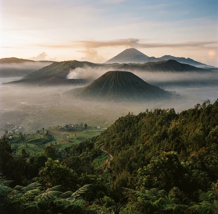 Wide environmental landscape of misty Indonesian volcanic highlands at golden hour, lush green valleys, 35mm lens editorial travel photography