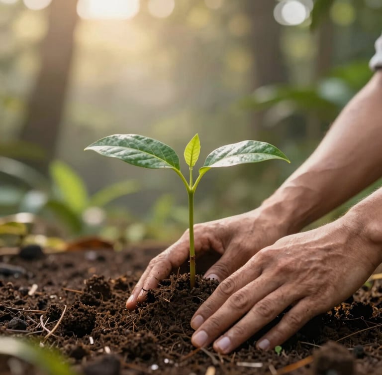 A close-up of a young green sapling being planted in rich volcanic soil, hands gently patting the earth, soft golden hour light, 35mm lens