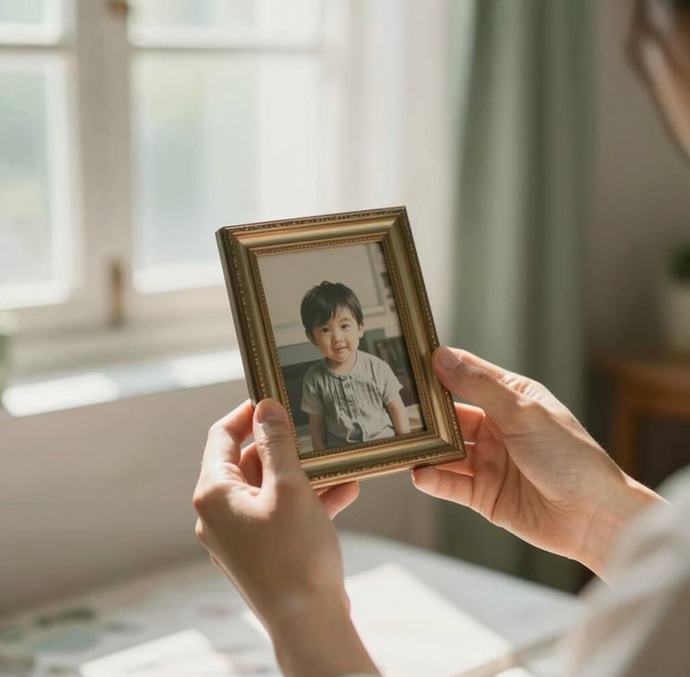 Close-up of hands gently holding a small, cherished, antique photo frame, sunlight streaming through a window, soft focus on the background of a peaceful room.