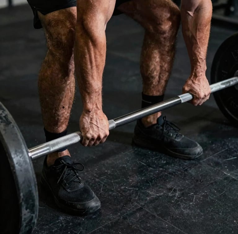 Tight, high-contrast shot of Nick's hands gripping a heavy steel barbell in a dark, industrial San Diego gym, dramatic overhead lighting casting deep shadows, raw concrete background.