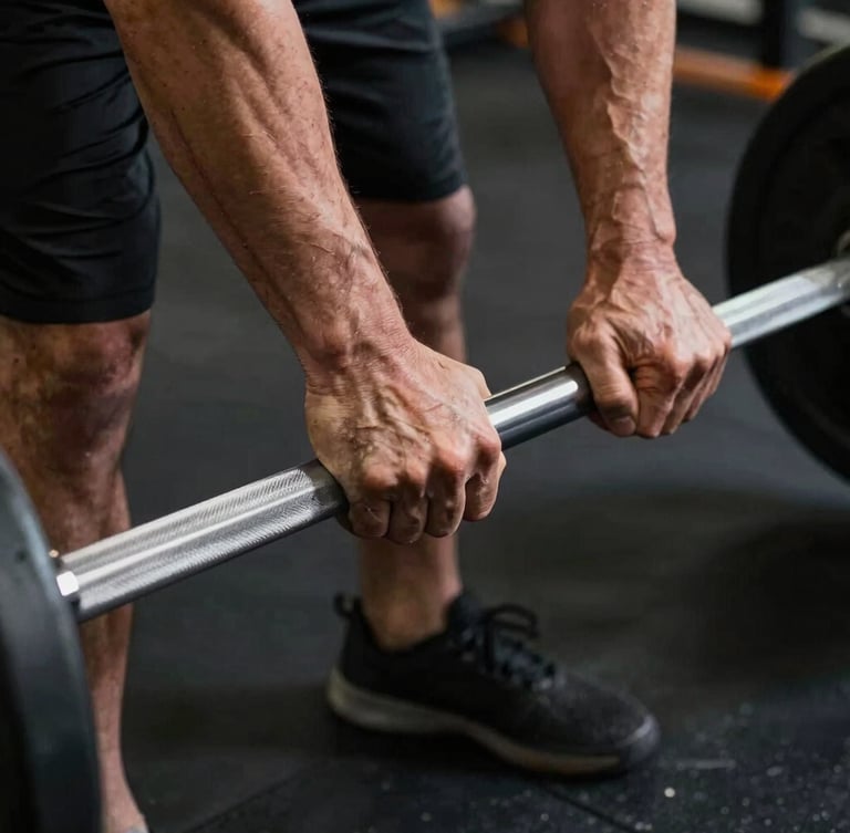 A close-up of calloused hands gripping a steel barbell in a dark gym, high-contrast shadows, safety orange light accenting the metal.