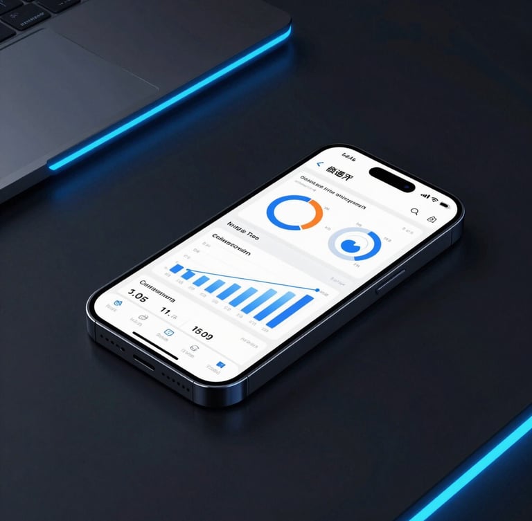 Sleek portrait shot of a modern smartphone displaying clean analytics dashboards on a dark desk, glowing neon blue ambient rim lighting, sharp focus, premium tech styling