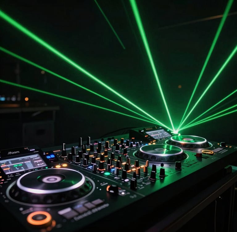 Sleek close-up of professional DJ equipment and soundboards under sharp neon green laser lines, deep obsidian background, wide-angle lens, high-contrast nightlife photography.