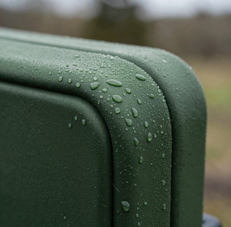 Close-up macro shot of water droplets beading on a thick forest green resin armrest, rugged texture, natural overcast daylight, sharp detail, 35mm lens
