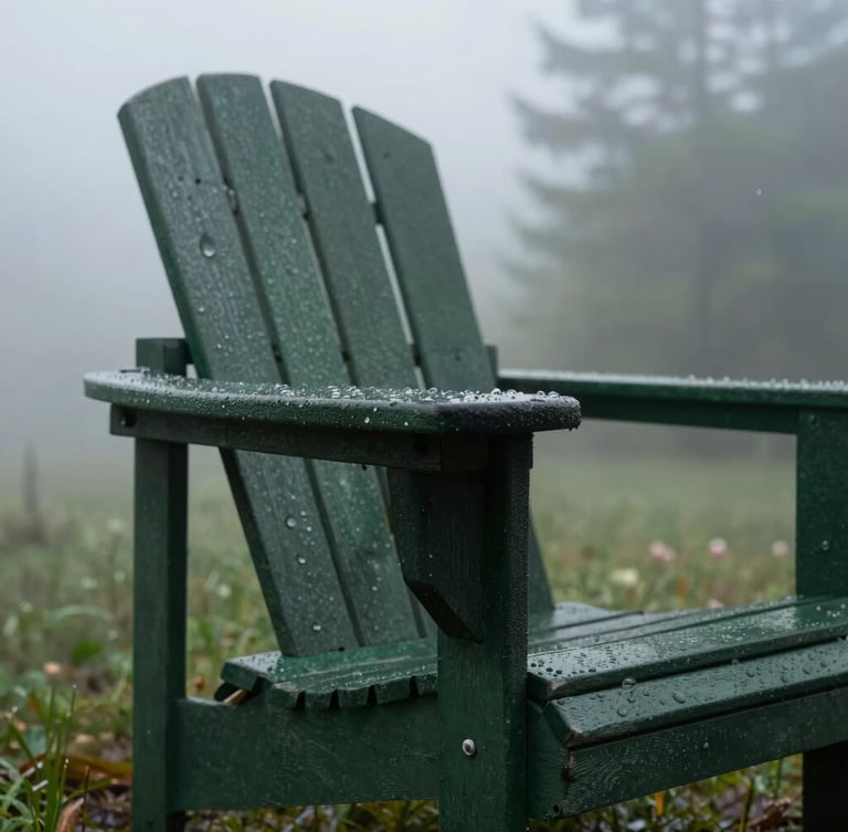 Low-angle shot of a weathered dark green Adirondack chair in morning fog, rain droplets beading on the thick resin armrest, sharp detail, 35mm lens