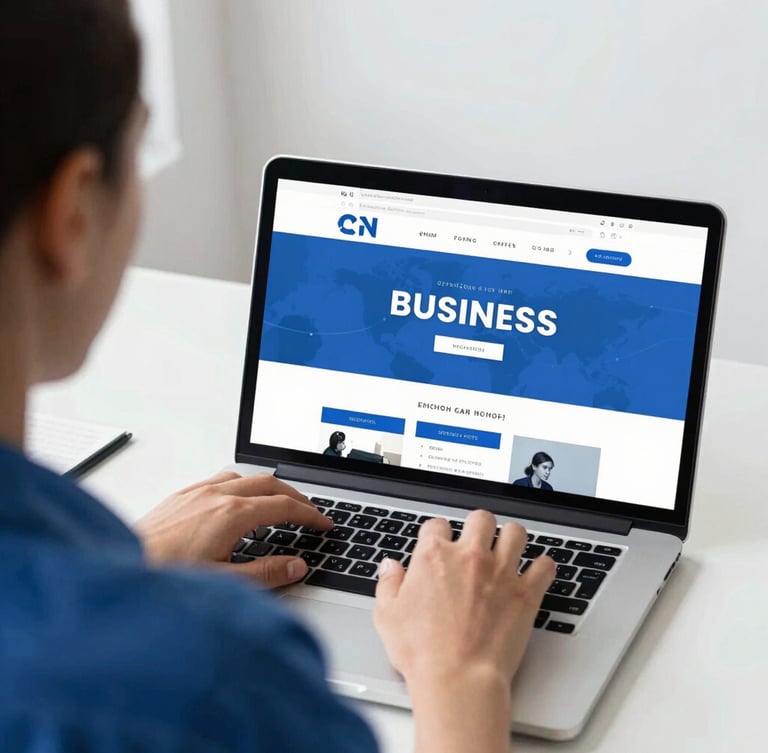Over-the-shoulder shot of a designer customizing a clean business website on a laptop, bright natural office lighting, royal blue accents.