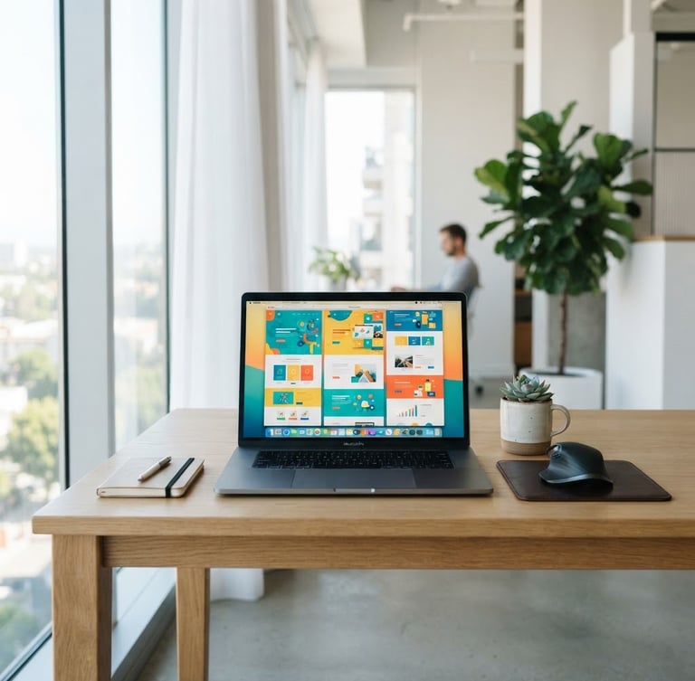 A bright modern workspace with a clean desk, a laptop displaying a vibrant website layout, natural daylight from a window, sharp focus.