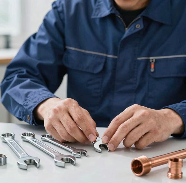 Close-up of a professional technician in a clean navy uniform neatly arranging steel wrenches and copper pipe joints on a clean workspace under bright daylight.