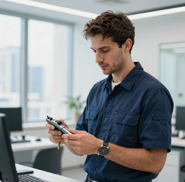 Crisp commercial photography of a professional technician in a clean navy uniform holding technical tools inside a bright, modern Dubai office space.